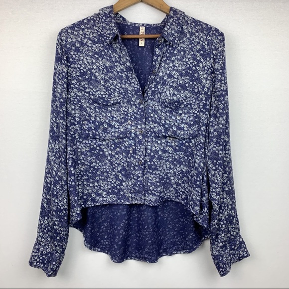 Mudd Tops - Mudd High Low Blue White Floral Button Soft Shirt